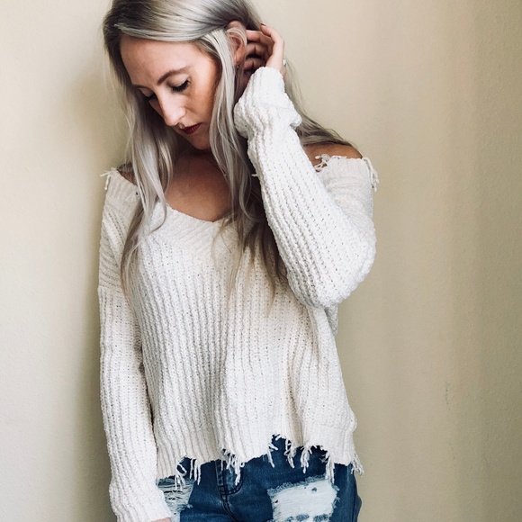 ONE LEFT!! Off The Shoulder Distressed Sweater - Picture 3 of 6